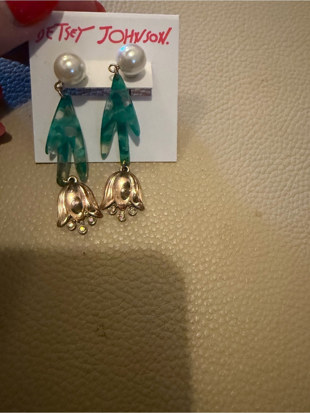 Betsey Johnson Green Marbled Drop Earrings with Gold Floral Charms